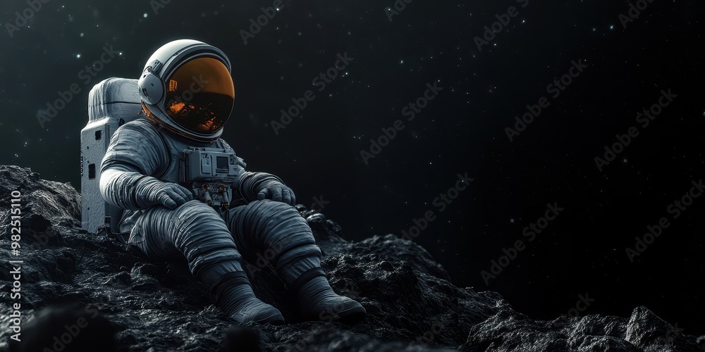 An astronaut sits on a rocky surface in deep space, surrounded by stars and cosmic beauty, embodying exploration and adventure. An astronaut sits on a rocky surface in deep space, surrounded by stars and cosmic beauty, embodying exploration and adventure.