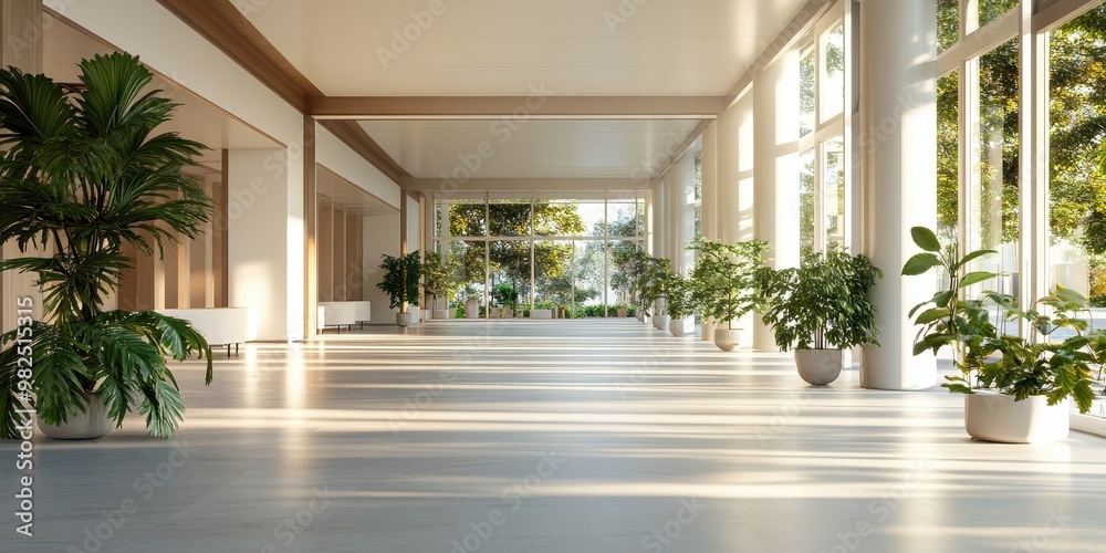 Bright and inviting interior space features elegant plants, large windows, and polished floors, creating a serene environment. Bright and inviting interior space features elegant plants, large windows, and polished floors, creating a serene environment.