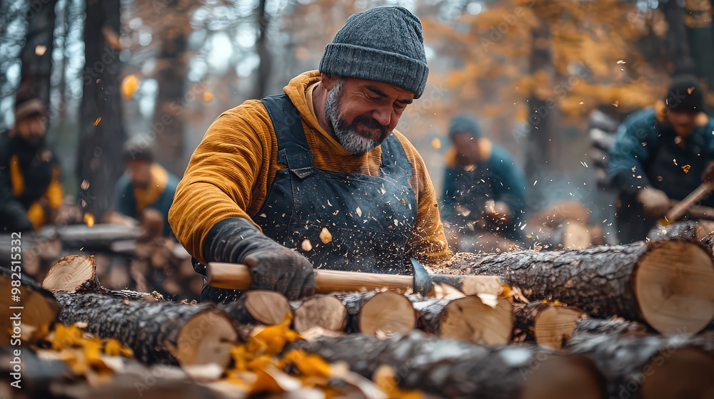 Fototapeta premium Man chopping wood with an axe in forest, surrounded by fallen leaves in autumn, enjoying outdoor work and seasonal activities.