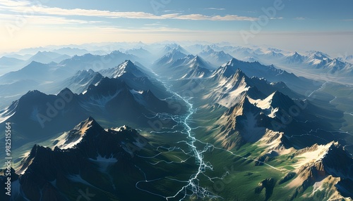 Digital landscape panorama showcasing illuminated peaks and valleys, symbolizing the dynamic evolution of internet technology