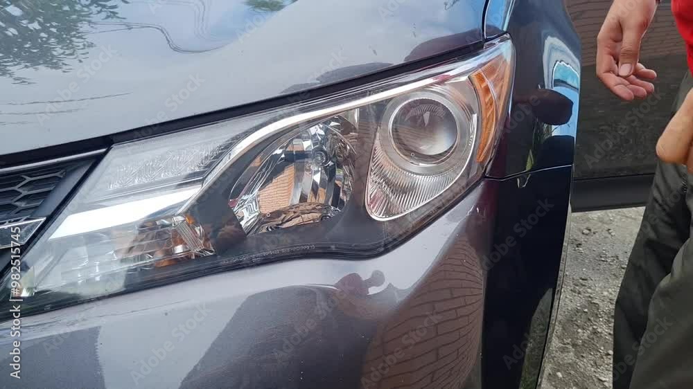 A man polishes the headlights of a car, his hand is visible A man polishes the headlights of a car, his hand is visible