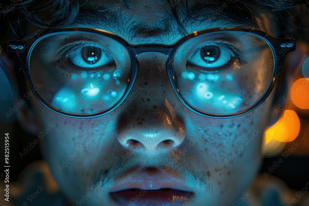 Closeup of Man Wearing Glasses with Blue Lights Reflecting Closeup of Man Wearing Glasses with Blue Lights Reflecting