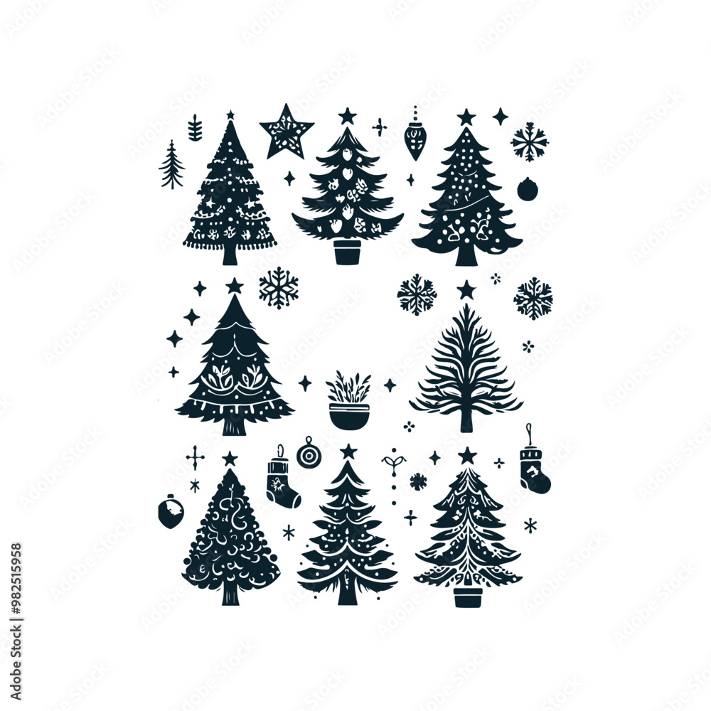 Obraz premium Set of Christmas christmas trees ornament decoration silhouette vector art illustration on a white background