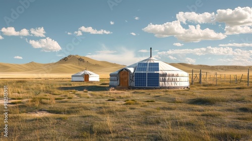 Scenic Desert Landscape with Yurt Tent and Solar Panels in Rural Mongolia