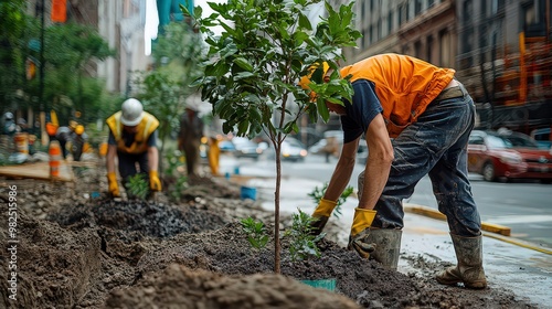  Workers planting trees along busy street, improving urban green spaces with new saplings. Focus on sustainability and city beautification.