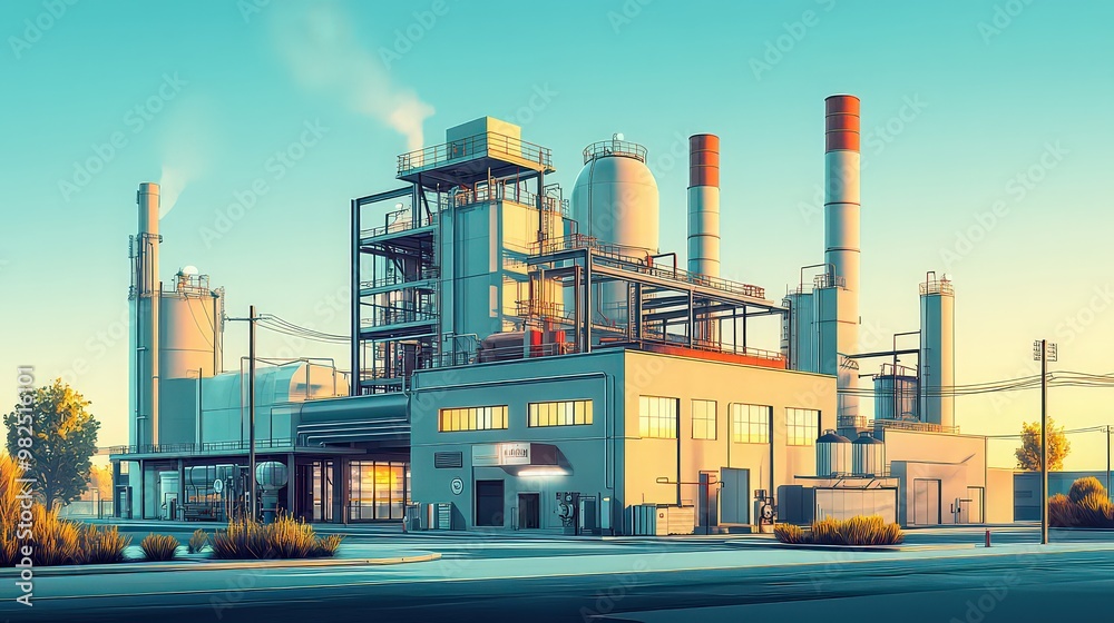 Fototapeta premium Industrial factory with multiple chimneys and complex piping, set against bright sky. Represents heavy industry and manufacturing processes.