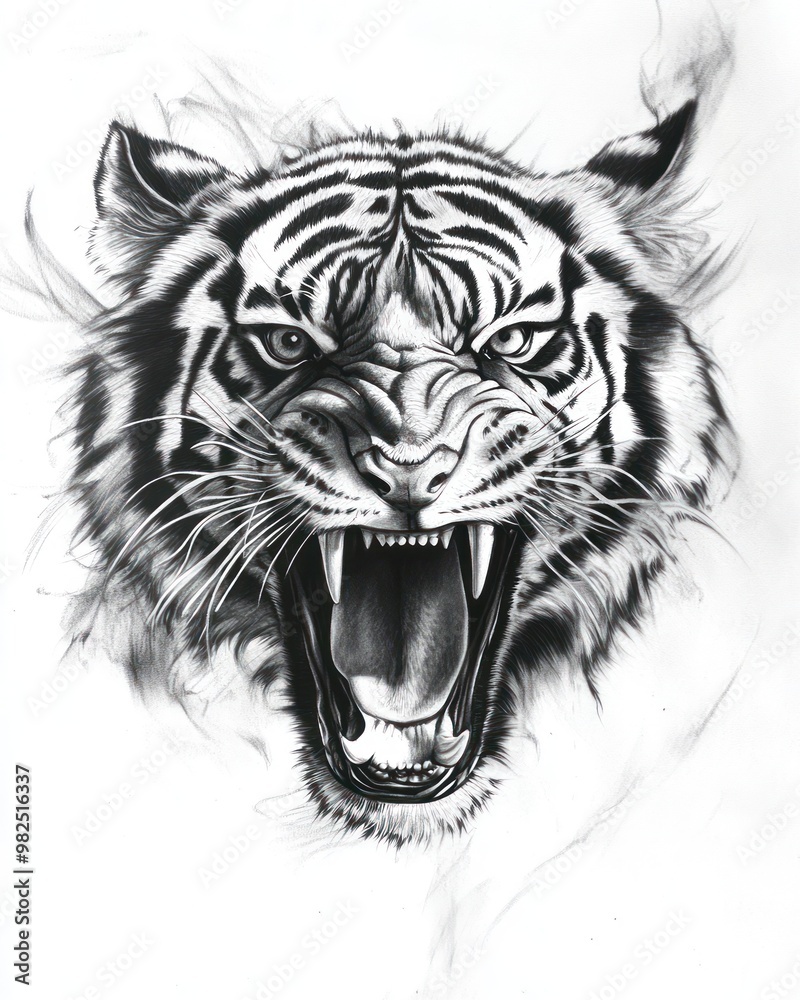 A black and white illustration of a snarling tiger's head with a smoky background. A black and white illustration of a snarling tiger's head with a smoky background.