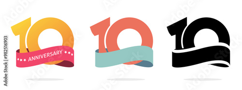 Year 10 anniversary logo vector, jubilee 10th birthday party stamp icon simple flat cartoon graphic illustration, discount sale coupon red yellow blue ribbon template, bonus gift label image clip art
