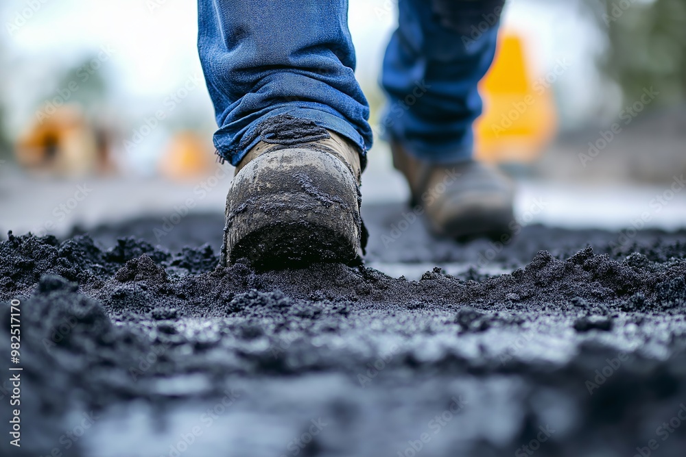 A focus on a worker's muddy boot stepping on freshly laid asphalt, symbolizing hard work and the construction process. A focus on a worker's muddy boot stepping on freshly laid asphalt, symbolizing hard work and the construction process.