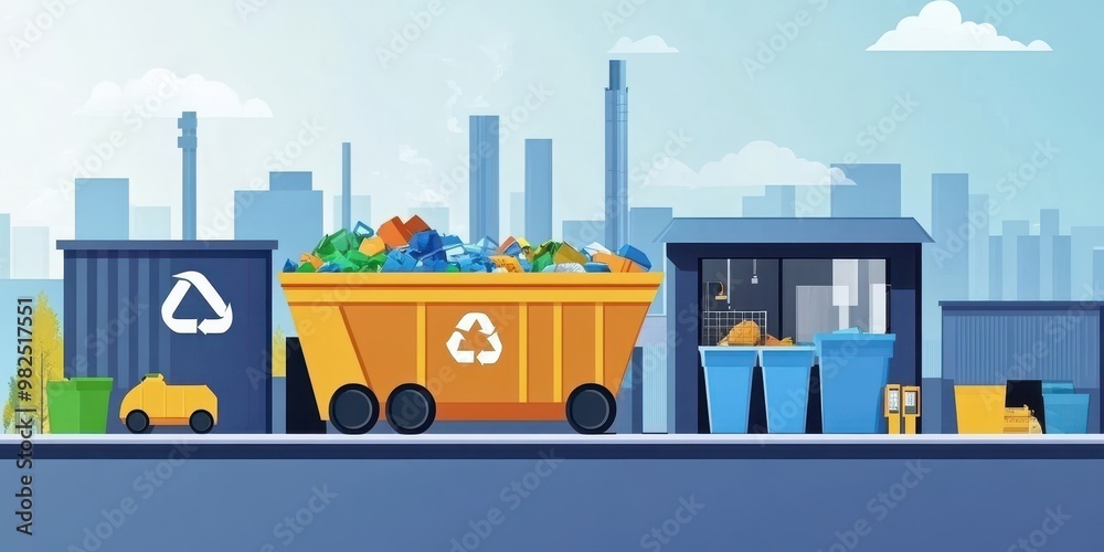 Illustration of a recycling center with bins and a truck, promoting waste management and eco-friendly practices in urban settings. Illustration of a recycling center with bins and a truck, promoting waste management and eco-friendly practices in urban settings.
