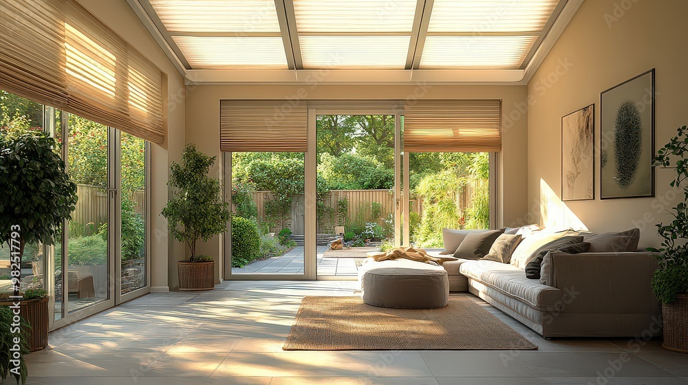 Fototapeta premium Warm sunlight fills a cozy, modern living room with soft furniture and greenery, blending comfort with nature through large windows and neutral tones.