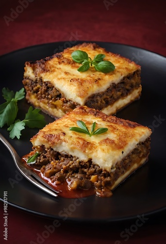 Delicious traditional Greek moussaka with beef mince, eggplant and bechamel sauce