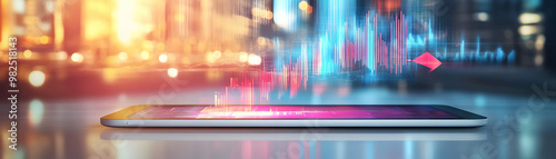 Tablet with Holographic Financial Arrows: A Glossy White Surface Displaying Growth, Savings, and Profit Visuals for Stock Photography