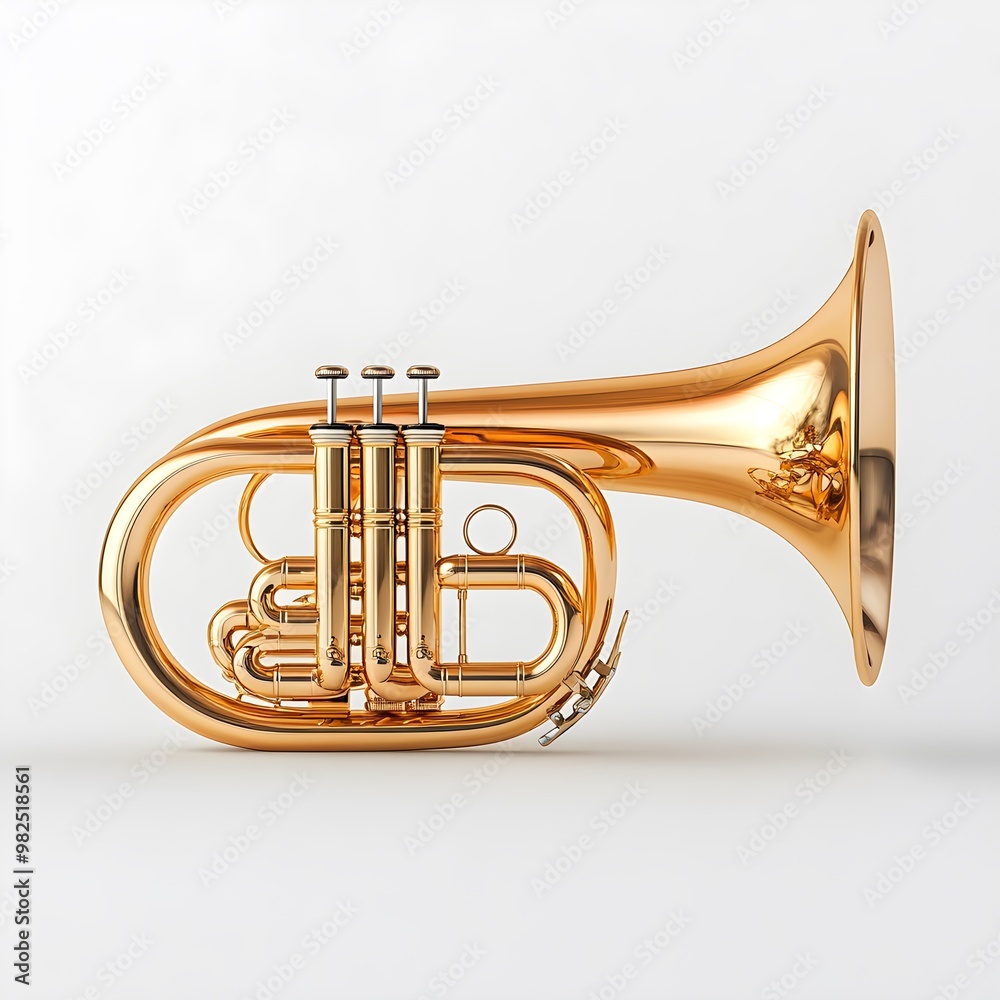 Obraz premium Close-up, high-resolution image of a brass bugle in a professional studio lighting setup