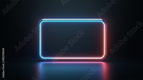 Glowing neon rectangle frame on dark background. Retro futuristic concept. Image for poster and game interface. Front view with reflection effect and copy space.