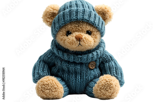 a stuffed bear wearing a blue sweater and hat