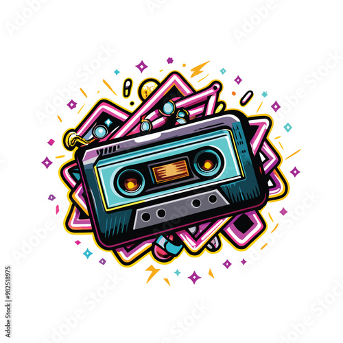 A cartoon illustration of a vintage cassette player with tape scattered around it.