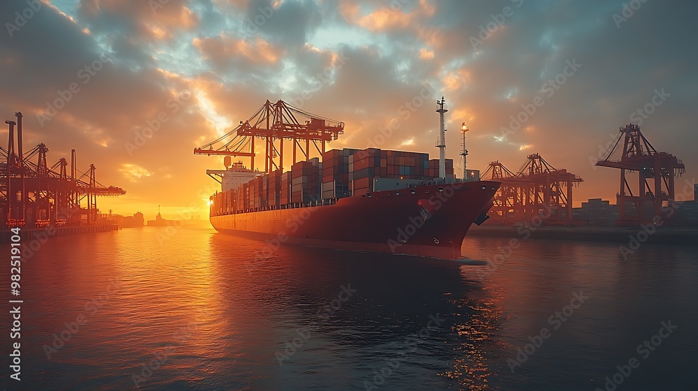 Large cargo ship at sunset in a harbor with cranes. Large cargo ship at sunset in a harbor with cranes.
