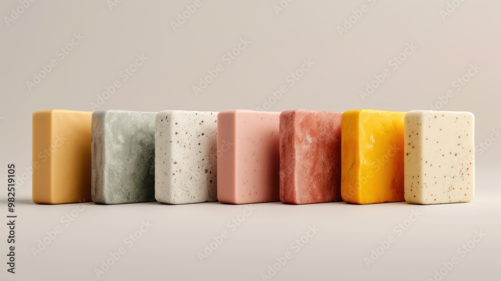 A colorful display of artisanal soaps arranged neatly, showcasing various textures and pastel shades against a neutral background. A colorful display of artisanal soaps arranged neatly, showcasing various textures and pastel shades against a neutral background.