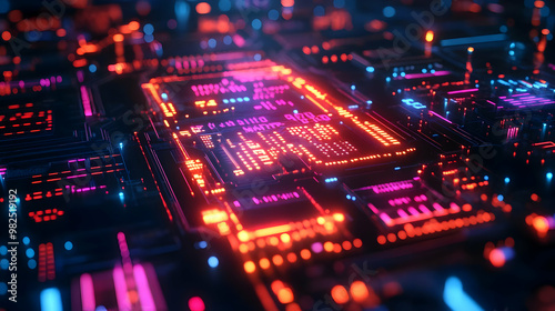 3D Glowing Abstract Financial Circuit Board Concept: Futuristic Digital Art with Bright Colors, Technology Integration, and Financial Symbols on Isolated White Background