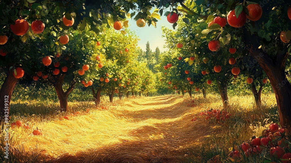 Fototapeta premium Beautiful orchard filled with ripe apples hanging from trees, bathed in golden sunlight, with a path covered in dried grass leading through the peaceful grove.