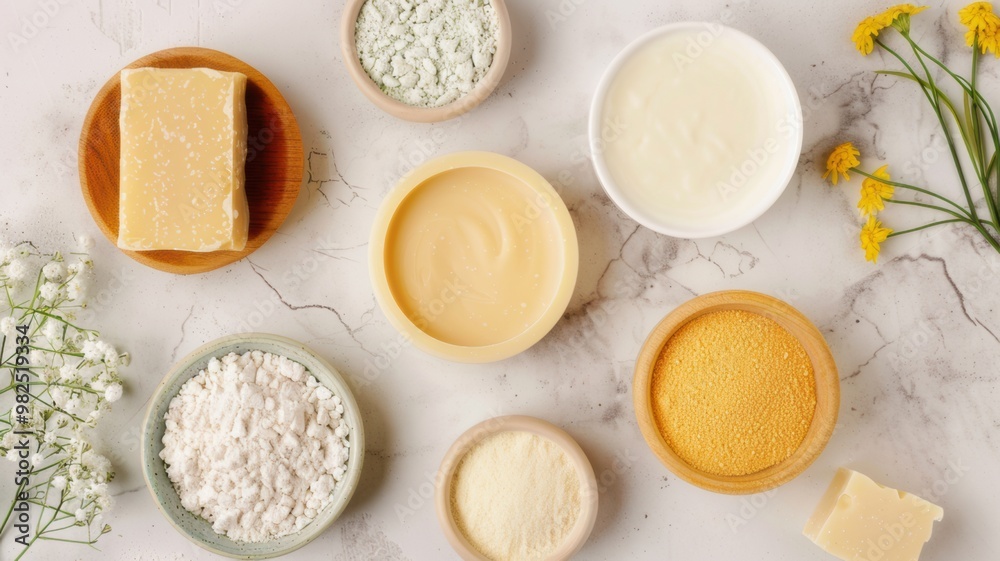 Natural soap-making ingredients arranged on a marble surface with powders, flowers, and organic soap bars Natural soap-making ingredients arranged on a marble surface with powders, flowers, and organic soap bars