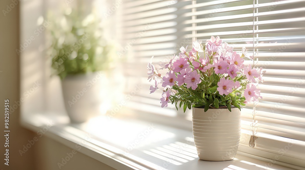 Fototapeta premium Soft sunlight filters through window blinds onto potted pink flowers, creating a peaceful and cozy indoor atmosphere.