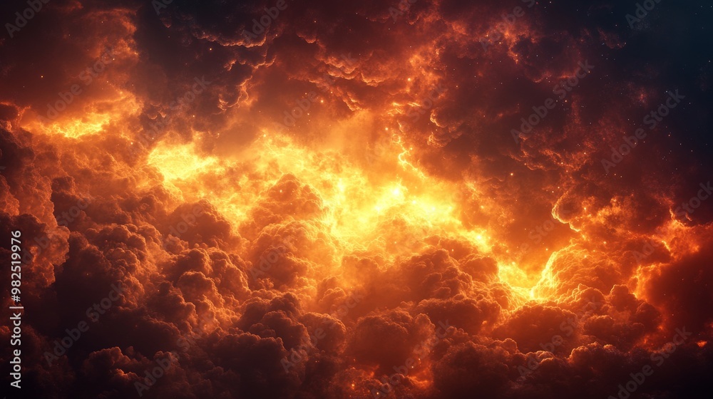 A fiery orange cloud filled with stars and glowing clouds A fiery orange cloud filled with stars and glowing clouds