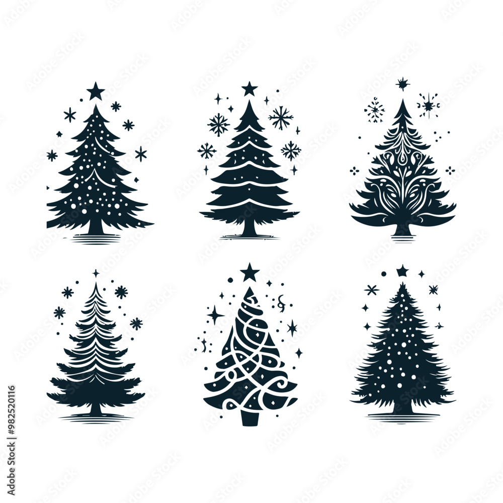 Obraz premium Set of Christmas christmas trees ornament decoration silhouette vector art illustration on a white background