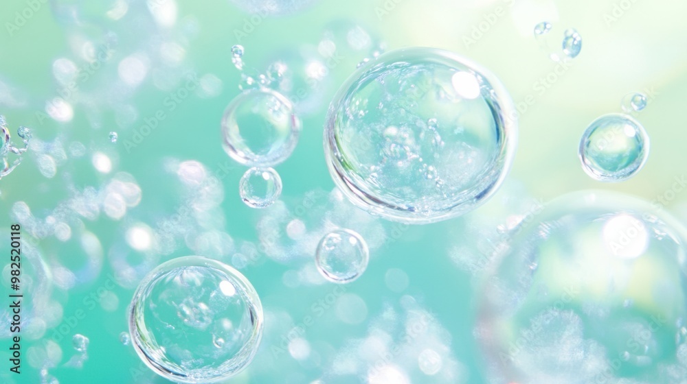 Close-up of scattered bubbles on a soft pastel green and blue background. Close-up of scattered bubbles on a soft pastel green and blue background.
