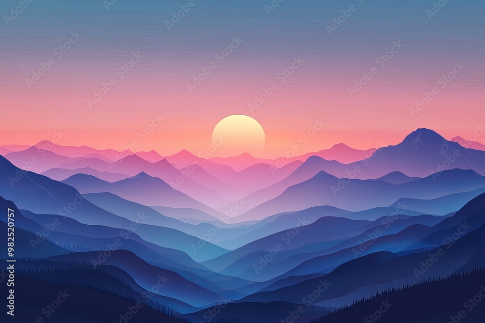 Silhouettes of mountains against sunset sky in a realistic mountain landscape illustration Silhouettes of mountains against sunset sky in a realistic mountain landscape illustration