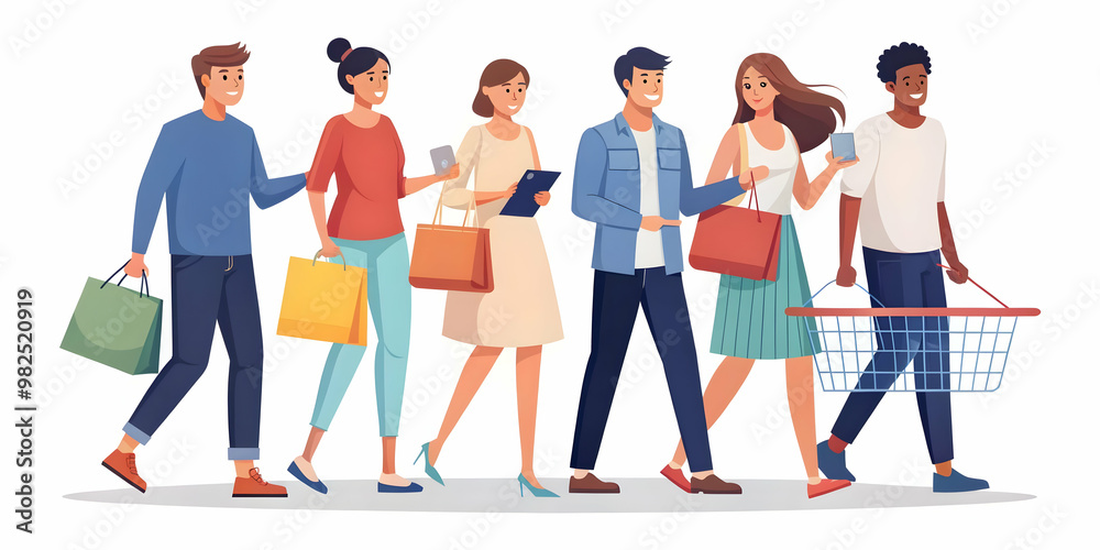Obraz premium Flat Candid Group Shopping with Digital Coupons: Friends Engaging in Retail Savings Together | Vector Illustration for Marketing Campaigns