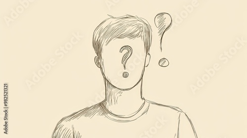 Minimalist continuous line drawing of a man with a question mark, symbolizing curiosity, uncertainty, and pondering in a simple abstract illustration
