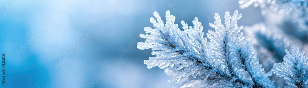 Close-up of frost-covered branch, showcasing delicate ice crystals and a serene blue background, evoking winter's beauty. Close-up of frost-covered branch, showcasing delicate ice crystals and a serene blue background, evoking winter's beauty.