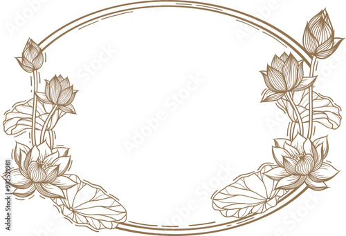Decorative round frame with Lotus flower. illustration in Hand Drawn Sketch style.