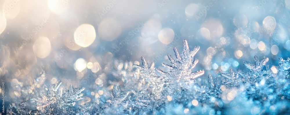 A close-up of shimmering snowflakes on a frosty surface, capturing the beauty of winter's delicate details and sparkling light.