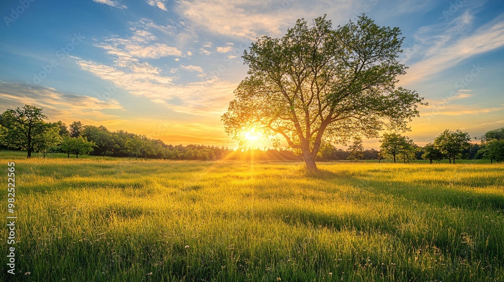 Fototapeta premium Solitary Tree in a Meadow at Sunset