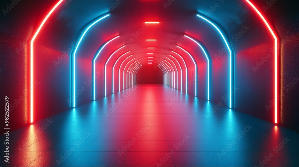 A long, narrow tunnel with neon lights on the ceiling A long, narrow tunnel with neon lights on the ceiling