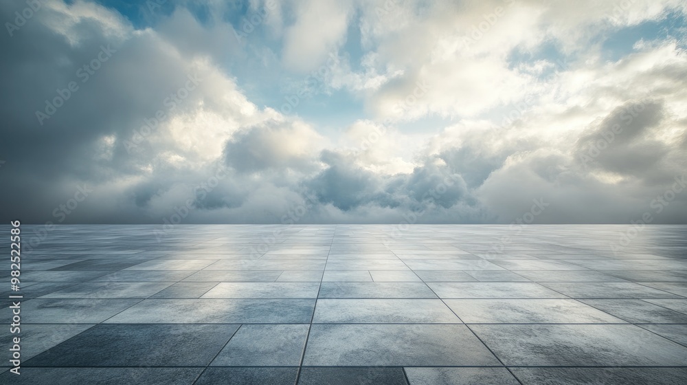Vast empty square floor beneath a dramatic cloudy sky, creating a surreal, isolated scene perfect for a clean backdrop Vast empty square floor beneath a dramatic cloudy sky, creating a surreal, isolated scene perfect for a clean backdrop