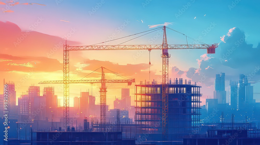 Construction cranes working on high-rise buildings during sunrise, highlighting urban development, progress, and the growing skyline. Construction cranes working on high-rise buildings during sunrise, highlighting urban development, progress, and the growing skyline.
