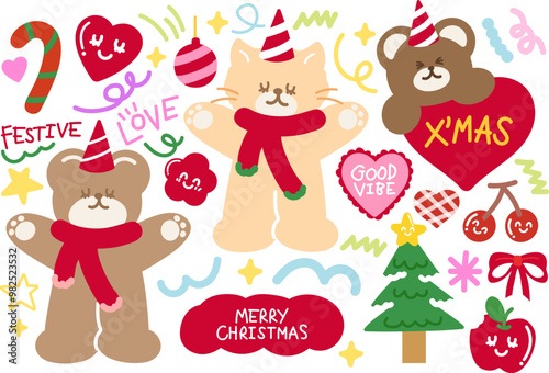 Cute Christmas and New Year illustrations of teddy bear, cat, red scarf, party hat, heart, red ribbon, Christmas tree, candy cane, ornaments, light, party hat, good vibe letters, festive font, star