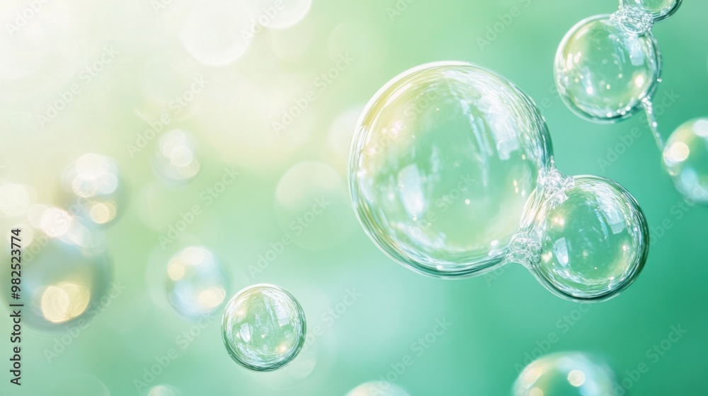 Delicate water bubbles rising against a smooth pastel green background. Delicate water bubbles rising against a smooth pastel green background.