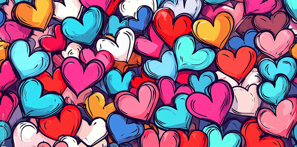 Fototapeta premium Colorful cartoon graffiti background with many hearts. Valentine's Day theme, seamless pattern, vector illustration design. Love concept background for wall art, print, wallpaper, poster