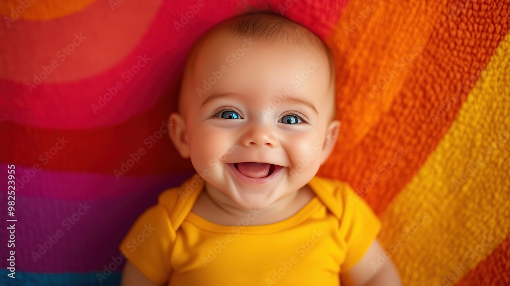 Joyful baby laughing against a vibrant, colorful bokeh background, capturing a playful and cheerful mood with bright lighting. Joyful baby laughing against a vibrant, colorful bokeh background, capturing a playful and cheerful mood with bright lighting.