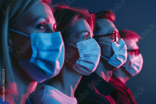 Covid global sefety campaign, Generative AI photo of people in protective facial mask quarantine pandemia photo