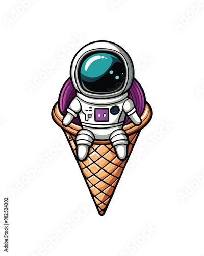 Create a cartoon illustration of a happy astronaut floating in space, inside an ice cream cone.