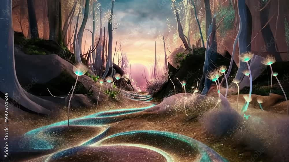 The handheld shot captured an ethereal scene of glowing forestry, where a mystical pathway shimmered with sparkling dust particles, creating a dreamy, otherworldly atmosphere.