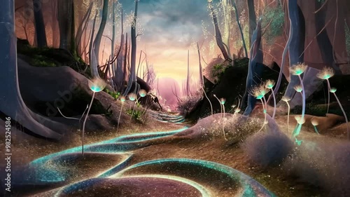 The handheld shot captured an ethereal scene of glowing forestry, where a mystical pathway shimmered with sparkling dust particles, creating a dreamy, otherworldly atmosphere.