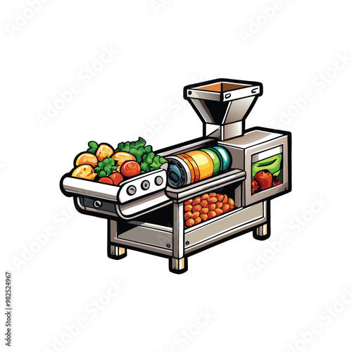 Detailed vector illustration of a food processing machine for making turnip juice, including a hopper, a roller system, and a juice collection tray.