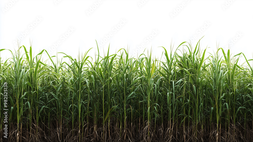 Lush green sugarcane plants grow tall against bright white background, creating vibrant and fresh atmosphere. Lush green sugarcane plants grow tall against bright white background, creating vibrant and fresh atmosphere.